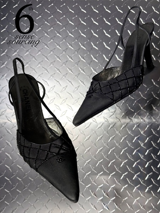 CHANEL Shoes - Chanel Vintage Satin Embellished Logo Slingbacks in Black 40.5